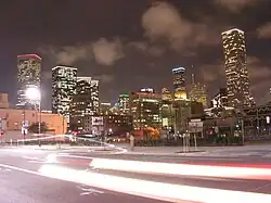 Houston evening skyline from the same parking lot with J.P. Morgan Chase Tower on far right