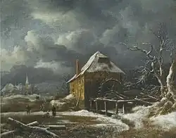 painting of watermill in winter landscape