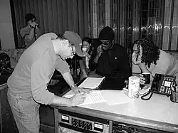 Michael Omartian (left) with Tommy Sims (middle) and Jammes "Jamba" Castro (right) in a string session at Starstruck studio in Nashville.