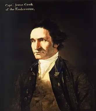 Severe-looking man, clean-shaven and with a high forehead, wearing an open coat, white shirt and embroidered waistcoat. A legend in the top left corner identifies him as "Capt. James Cook of the Endeavor".
