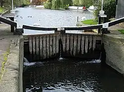 Top gates of Jesus Lock, a beam lock on the River Cam in Cambridge, England.