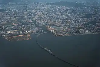 Aerial view of the bridge entrance from the Qingdao side