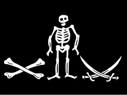 Another of Levasseur's pirate flags, described as “… made of black cloth and was painted in the middle a skeleton flanked by scattered bones and crossed cutlasses”[37]