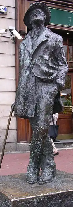 Bronze statue of Joyce standing in a coat and broadbrimmed hat: His head is cocked looking up, his left leg is crossed over his right, his right hand holds a cane, and his left is in his trouser pocket, with the left part of his coat tucked back.
