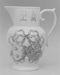 Early election jug, c. 1802, with transfer-printed decoration. Hybrid hard paste porcelain.