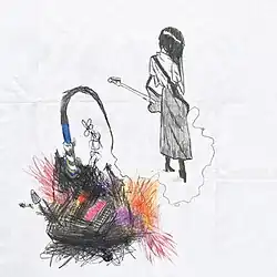 A woman playing guitar behind an amplifier exploding in color