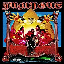 A young man laying on a red bed while surrounded by red women and a skeleton-looking figure hovering above them. The title, "Jump Out", is displayed in stylized letters above