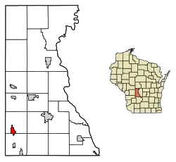 Location of Elroy in Juneau County, Wisconsin.