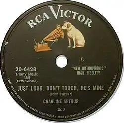 Label of an RCA Victor 78 rpm record from the mid to late 1950s. This basic design was also used for most LPs and 45s from 1954 to 1964.