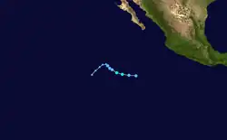 A map of the path of a tropical storm well off the Pacific coast of Mexico. It begins by moving westward before gently curving to the northwest over a short distance; it then abruptly switches to a southwestward motion, continuing in that direction for a short while until dissipation.