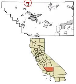 Location of Delano in Kern County, California.