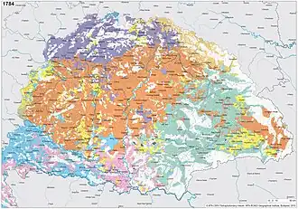 Ethnic map of the Kingdom of Hungary in 1784 by the Hungarian Academy of Sciences, based on their researches. Hungarians are depicted in orange. The ethnic pattern of Hungary changed due to the centuries long wars and migration movements.[72][73][74]
