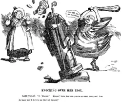 Newspaper cartoon by J. M. Staniforth, Morgan destroys an image of Saint David with a cudgel, Dame Wales looks on in dismay 1899. Date 6 January 1899