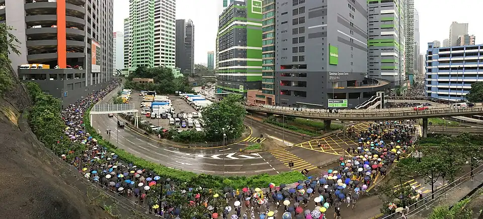 A full view of Kwai Fuk Road, where participants had already moved onto the roadway, occupying part of Kwai Fuk Road.