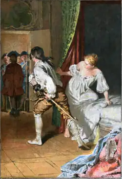 Richly coloured painting of des Grieux half-dressed in eighteenth-century garb drawing his sword and running toward a group of shadowy men in the doorway, while Manon (in a chemise) climbs out of a large satin-curtained bed