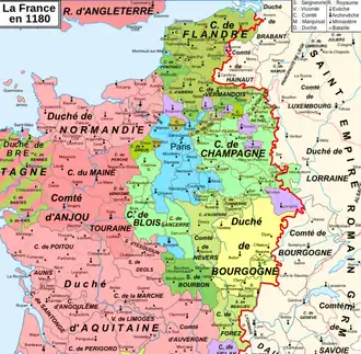 County of Champagne (green) within the Kingdom of France in 1180
