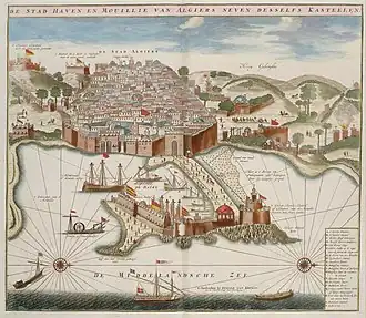Plain red and yellow-red stripped flags in an old Dutch engraving. "De Stad Haven En Mouillie Van Algiers Neven Desselfs Kasteelen" (the city, the port and the pier of Algiers) circa 1690
