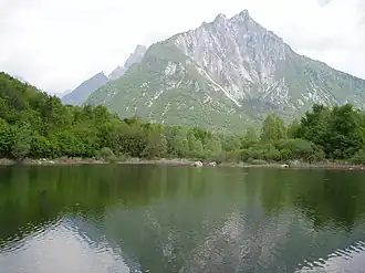 A body of water with greenery and a mountain in the distance.