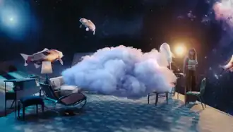 Screenshot of a music video showing Taylor Swift standing in outer space surrounded by clouds and swimming fish