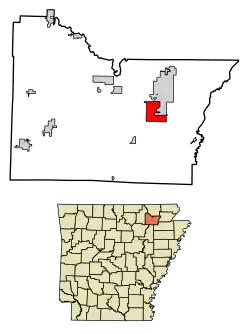 Location of Hoxie in Lawrence County, Arkansas.