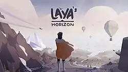 A woman in an orange cape looks across a mountainous terrain, with the title Laya's Horizon above her
