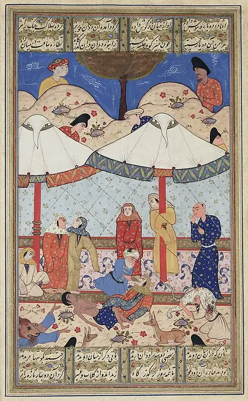 Image 9 Layla and Majnun Artist: Unknown; Restoration: Lise Broer A scene from a late-16th century publication of Nezami Ganjavi's adaptation of the classical Persian story Layla and Majnun, which is based on the real story of Qays ibn al-Mulawwah, a young man from the northern Arabian Peninsula and his love Layla. There are two versions of the story, but in both, Majnun goes mad when her father prevents him from marrying her. In the depicted scene, the eponymous star-crossed lovers meet for the last time before their deaths. Both have fainted and Majnun's elderly messenger attempts to revive Layla while wild animals protect the pair from unwelcome intruders. More selected pictures