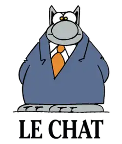 Publicity shot of Le Chat, resting on a bureau; drawn by Philippe Geluck.