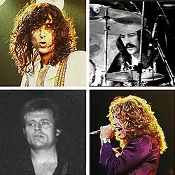 A montage of four musicians; from upper left to bottom right: A man with curly hair, a man with moustache looking at his drums, a short-haired man looking to the right, a curly-haired man singing with a microphone