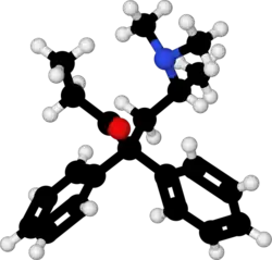 Ball-and-stick model of the more active levomethadone.