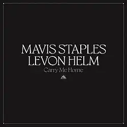 A black background with the artists' name and title in white and a tiny line drawing of a barn