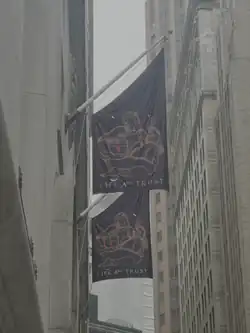 Banners advertising Life and Trust on a building in New York City