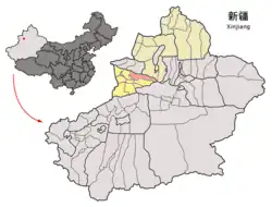 Nilka County (red) within Ili Prefecture (yellow) and Xinjiang