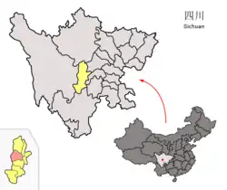Location of Tianquan County (red) within Ya'an City (yellow) and Sichuan