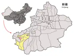 Location of Yengisar County (red) within Kashgar Prefecture (yellow) in Xinjiang