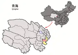 Zêkog County (light red) within Huangnan Prefecture (yellow) and Qinghai