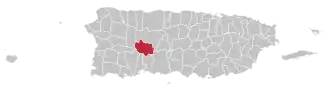 Map of Puerto Rico highlighting Adjuntas Municipality