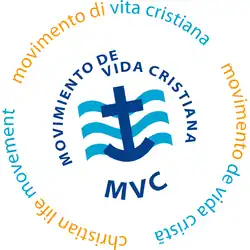 Logo of the Christian Life Movement depicted by an anchor over waves circled by the words "Christian life movement" in four languages (English, Spanish, Portuguese, and Italian)