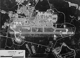 Aerial image of Loring Air Force Base, in black and white