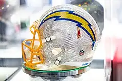 A Los Angeles Chargers helmet with thunderbolt iconography