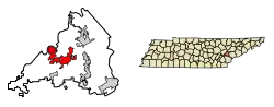 Location of Loudon in Loudon County, Tennessee.