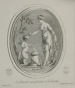 Love Sacrificing to Friendship; engraved print by Madame de Pompadour of a drawing by Boucher, after an engraved gemstone by Guay c. 1755.