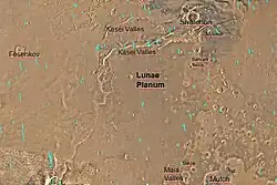 Map of Lunae Palus quadrangle with labels. The Kasei Valles can be seen at the top of the image.