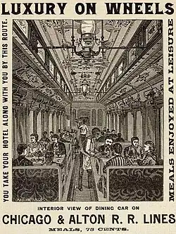 Drawing of meals being served in a dining car