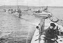 Six of the Lyn class torpedo boats in attack formation during World War I.