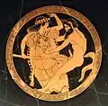 A Maenad using her thyrsos to ward off a Satyr, Attic red-figure kylix, c. 480 BC