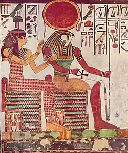 A painting of Ra and Nefertari