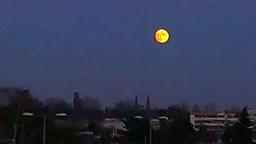 Near full moon over Berlin, Germany, in December 2015, approximately 30 minutes after moonrise