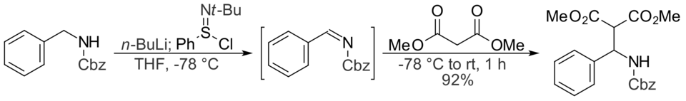 Lithiated benzylamine reacts with N-tert-butylbenzenesulfinimidoyl chloride to give an imine, which then reacts with dimethyl malonate to give a Mannich base.