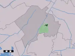 The town centre (dark green) and the statistical district (light green) of Dwingeloo in the municipality of Westerveld.