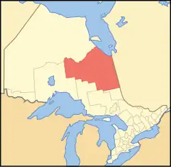 Location of Cochrane District in Ontario in Red